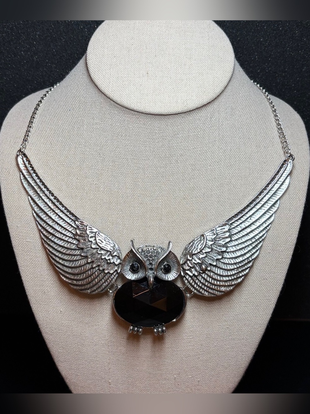 Silver Owl Wing Statement Necklace with Black Stone